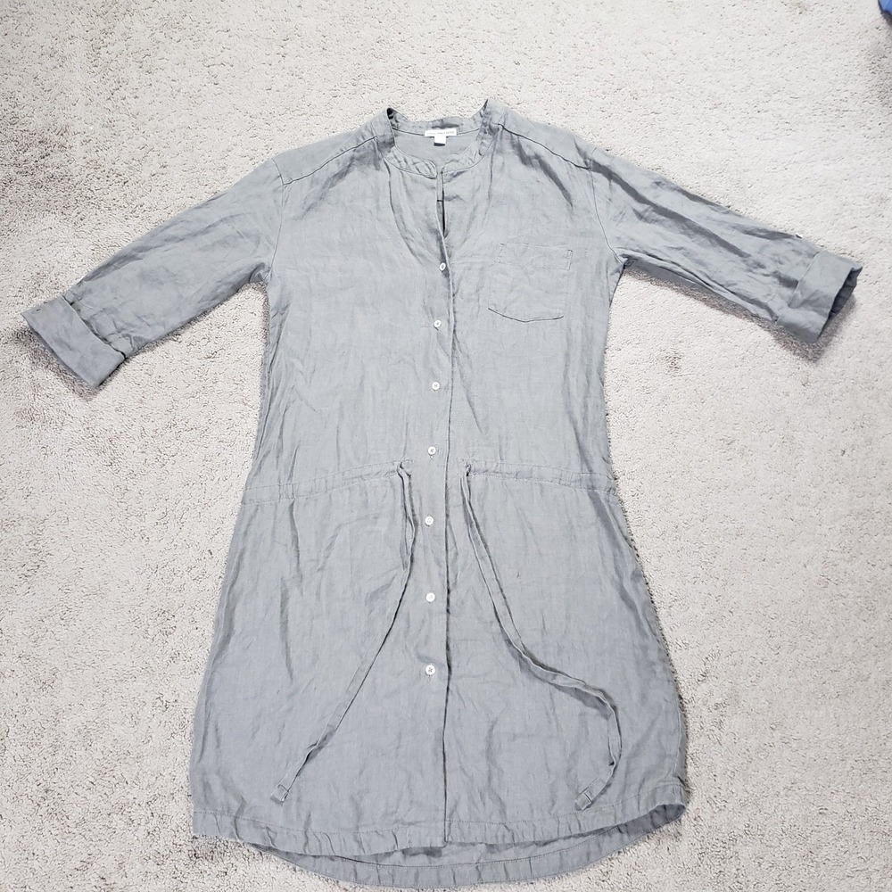 James Perse 100% Linen Shirt Dress Womens 3 (L) Gray Button Front Drop Tie Waist - Picture 3 of 15